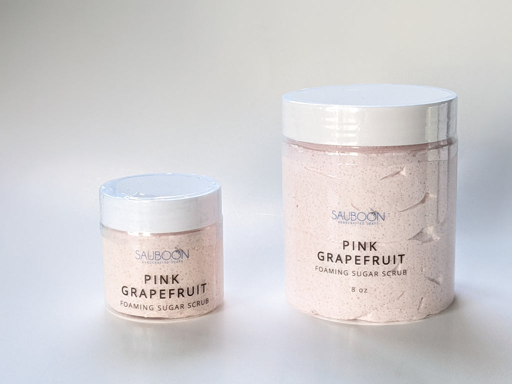 Pink Grapefruit Foaming Sugar Scrubs.  made locally here in San Diego in small batches.  Highest quality ingredients used to give the best lather, nourishment, exfoliation and cleansing experience.  Made with organic cane sugar, jojoba oil and sweet almond oil. Great for gifting for birthdays, celebrations, bridal showers or self care gift to yourself!