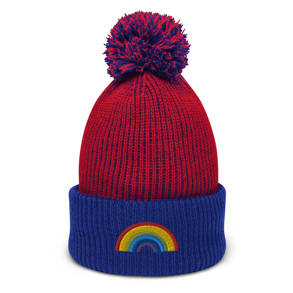 rainbow pom pom beanie