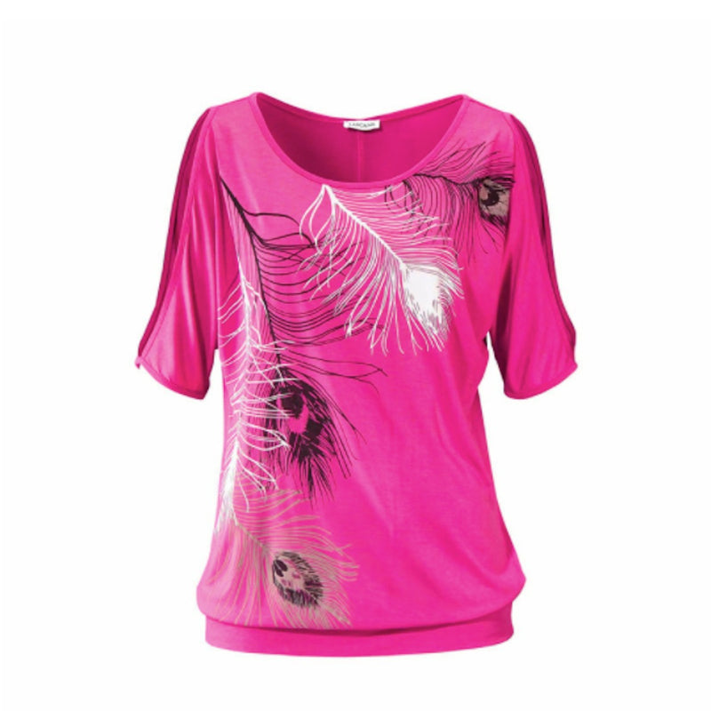 Womens Cut Shoulder Casual T Shirt with Feather Print