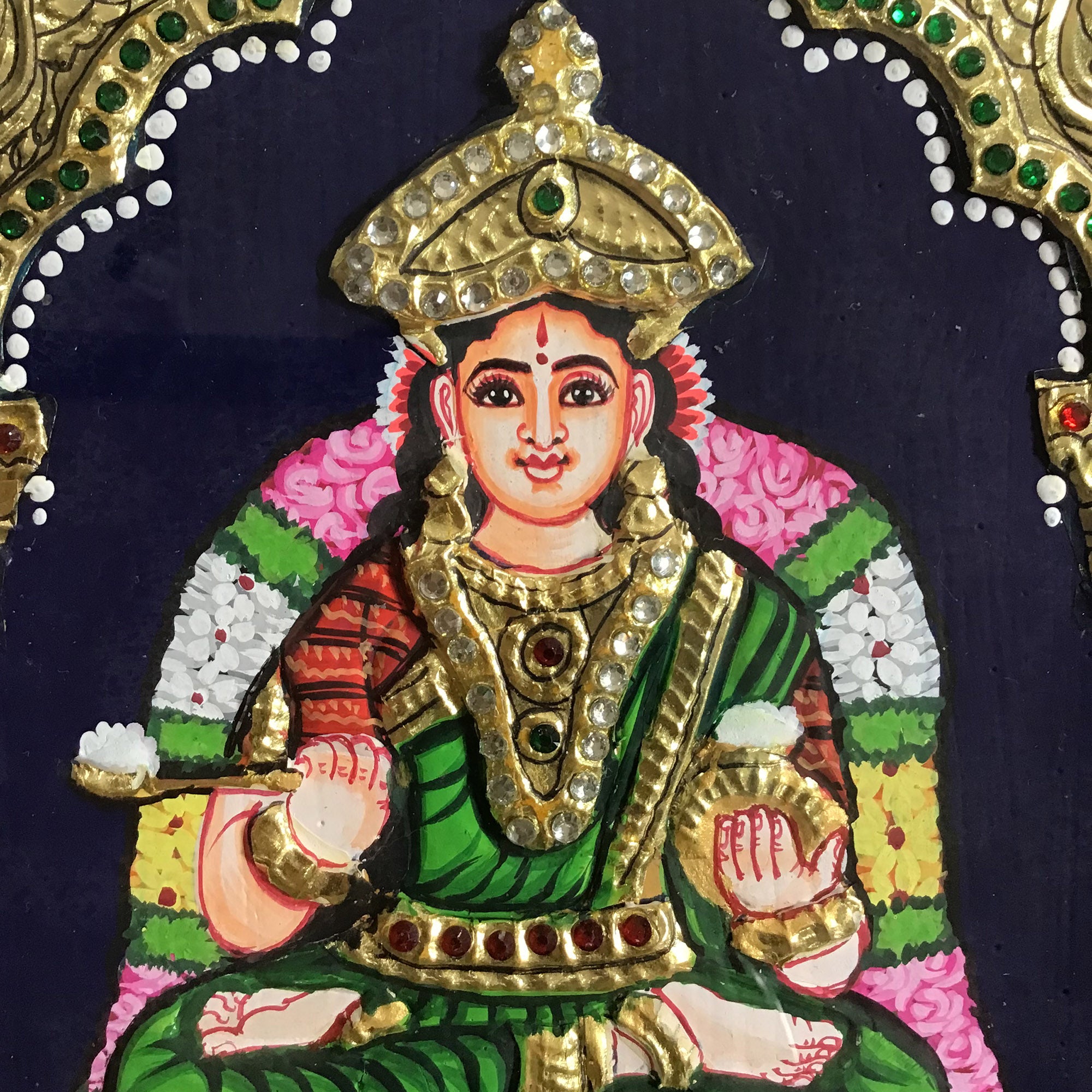 10"x8" Gold Tanjore Painting of Annapoorani in Green Saree, Teakwood F