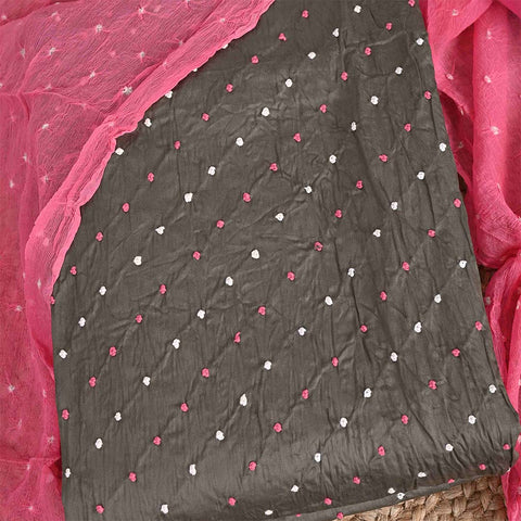 Charcoal Grey Unstitched Cotton Jaipuri Salwar Suit With Chiffon Dupatta