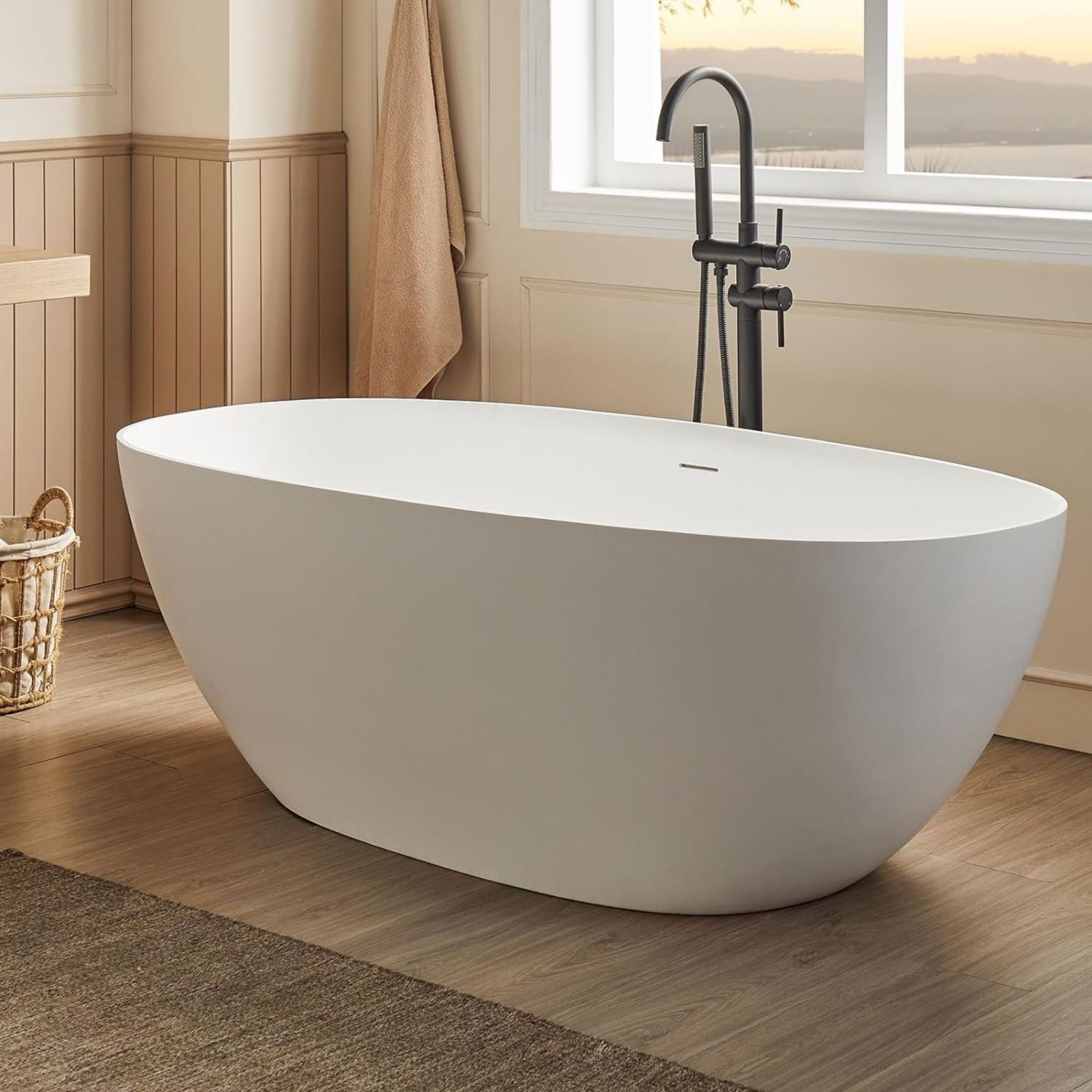 Artificial Stone Resin Freestanding Bathtub Soaking Tub with Pop-Up Drain and Hose