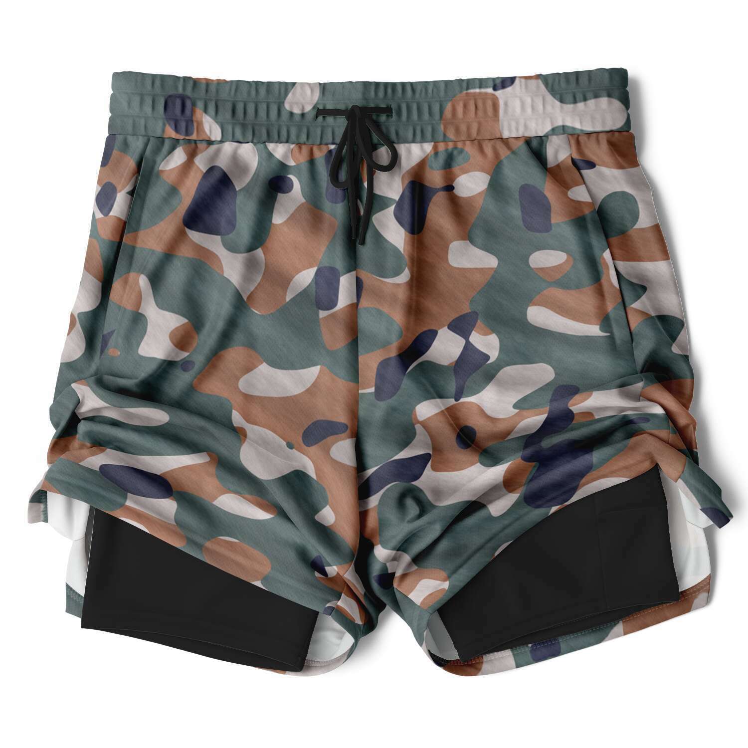 Multi Camouflage Mens 2-in-1 Shorts - XS / Green Brown - Sport Finesse