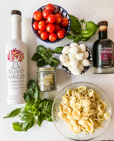 Olivo Amigo, yourolivoamigo, evoo, olive oil, joy olive oil, vitality olive oil, spark balsamic vinegar, elevate mediterranean spices, caprese pasta salad, pasta salad recipes