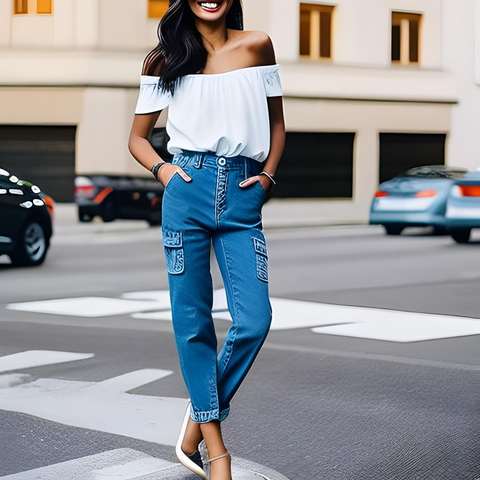 Off-shoulder Top with High Cargo Jeans