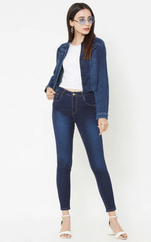 denim jacket with blue jeans