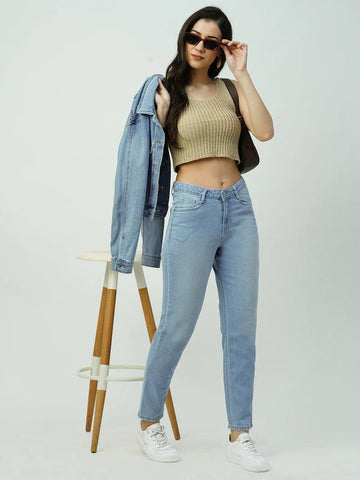 Girl wearing high-rise mom fit jeans