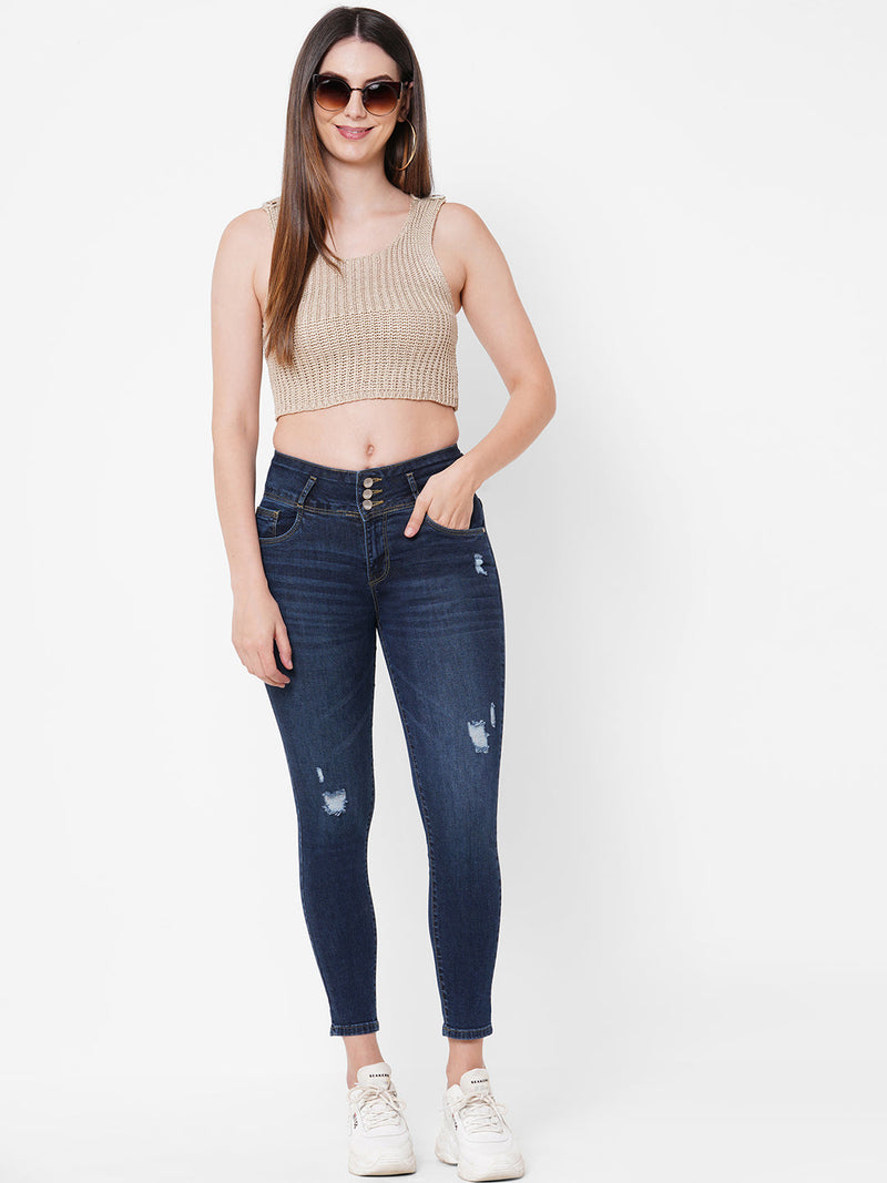 K4014 High-Rise Skinny Ripped Jeans - Dark Blue