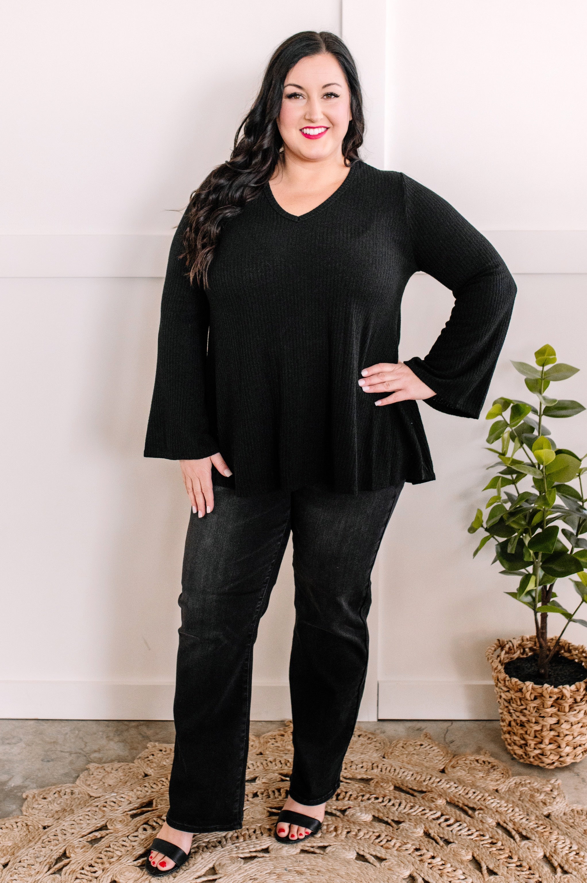 1.03 V Neck Fit & Flare Sweater Knit Top In Black