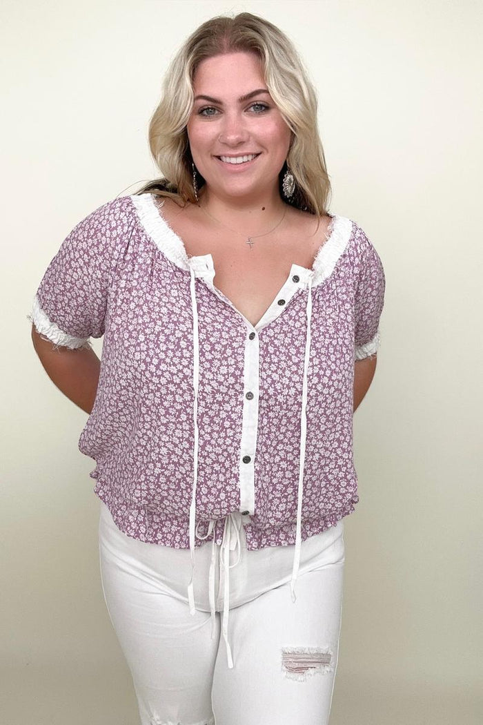 FawnFit Ditsy Floral Henley Long Sleeve Top with Built in Bra - 2 colors