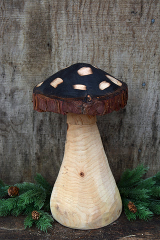 16" 3d free standing mushroom sculpture, chainsaw carved wooden mushroom art by artist Jess Alice. one-of-a-kind handmade from california cedar. this beautiful mushroom carving is a great gift and home accent piece