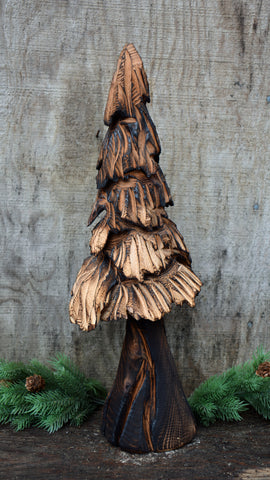 21" Tree Sculpture from California Cedar. One-of-a-kind handmade chainsaw carving by Artist Jess Alice. Table top accent piece perfect nature inspired artwork, organic rustic raw timber decorations for your home and office.