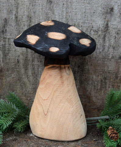 9 inch mushroom sculpture chainsaw carving by Artist Jess Alice. one-of-a-kind unique handmade wood mushroom, home decoration, yard art, garden artwork and accents for your entryway, home decoration, office and business decor.