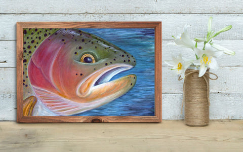 Acrylic Painting of a fish head by Artist Jess Alice. Rainbow trout, bright head colors with blue water background