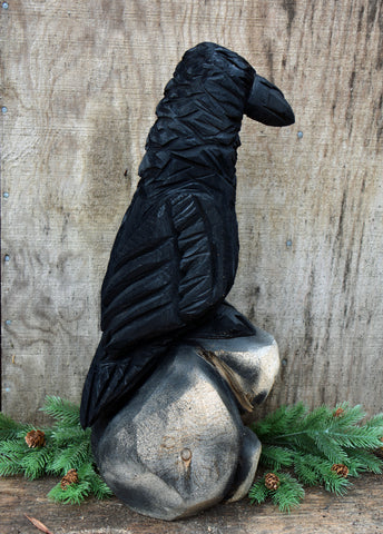 Raven on Rocks wood sculpture crow Sculpture, California Cedar wood carving. Chainsaw Carver Jess Alice, one of a kind, handmade black bird art for your home, business. Great table top accent piece, nature inspired whimsical carving