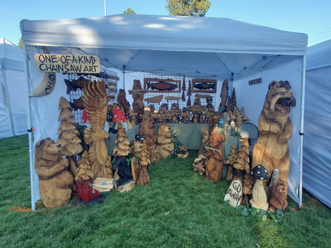 Truckee Great American Art and Craft Faire , California. Art booth by Artist Jess Alice’s, Chainsaw carvings and artwork at Art shows, Craft Fairs, events, pop-up-shops to sell and showcase her art. finding forever home for one-of-a-kind hand-crafted wood sculptures made from California Cedar, Redwood, Oak and Pine. Character Production carved animal and nature themed home, business, garden and yard decor. Rustic, cabin aesthetic feel.  2023 2024 2025 Art Faires, Art&Craft Fairs, Home&Garden Shows California things to do, events and fun activities to do with the family, help support local and small business owners and artists.