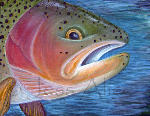 Fish head is an acrylic on canvas original painting by artist Jess Alice. colorful painting of the head of a trout steelhead with water backdrop