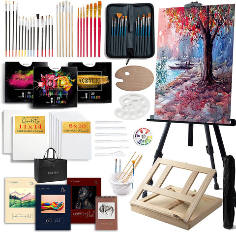 complete artist painting set up supplies for creating crafts art and pretty pictures. photo is a collection of all the set. easel, paint brushes, canvases, sketch pads, comtainers and more