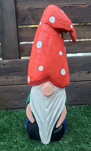 22" Garden Gnome Chainsaw Carved Wood sculpture. California Cedar, handpainted sealed