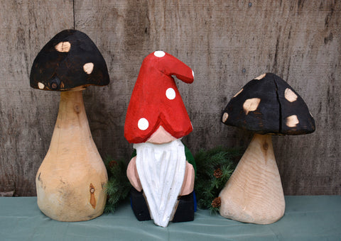 one-of-a-kind handmade chainsaw carving by artist Jess Alice two mushrooms and a garden gnome to decorate your home, business, office. handpainted gnome, fire burned mushrooms, wood sculpture, art, fine art, 3d artwork