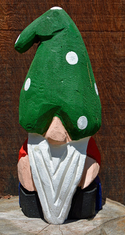 Green hat hand-painted garden gnome by Artist Jess Alice. chainsaw carved wood sculpture painted for a whymsical and fun accent decoration for your home, yard, garden or office.