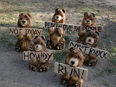 Wooden Chainsaw Carved Sign Bears. Interchangable signs. welcome signs for home, office, outdoor and indoor display. adorable, fun and funny entry signs being held by one-of-a-kind hand-made bear statues made from California Cedar by Chainsaw Artist Jess Alice