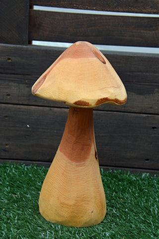 Mushroom Sculpture, California Cedar wood carving. Chainsaw Carver Jess Alice, one of a kind, handmade mushroom art for your home, business. Great table top accent piece, nature inspired whimsical carving