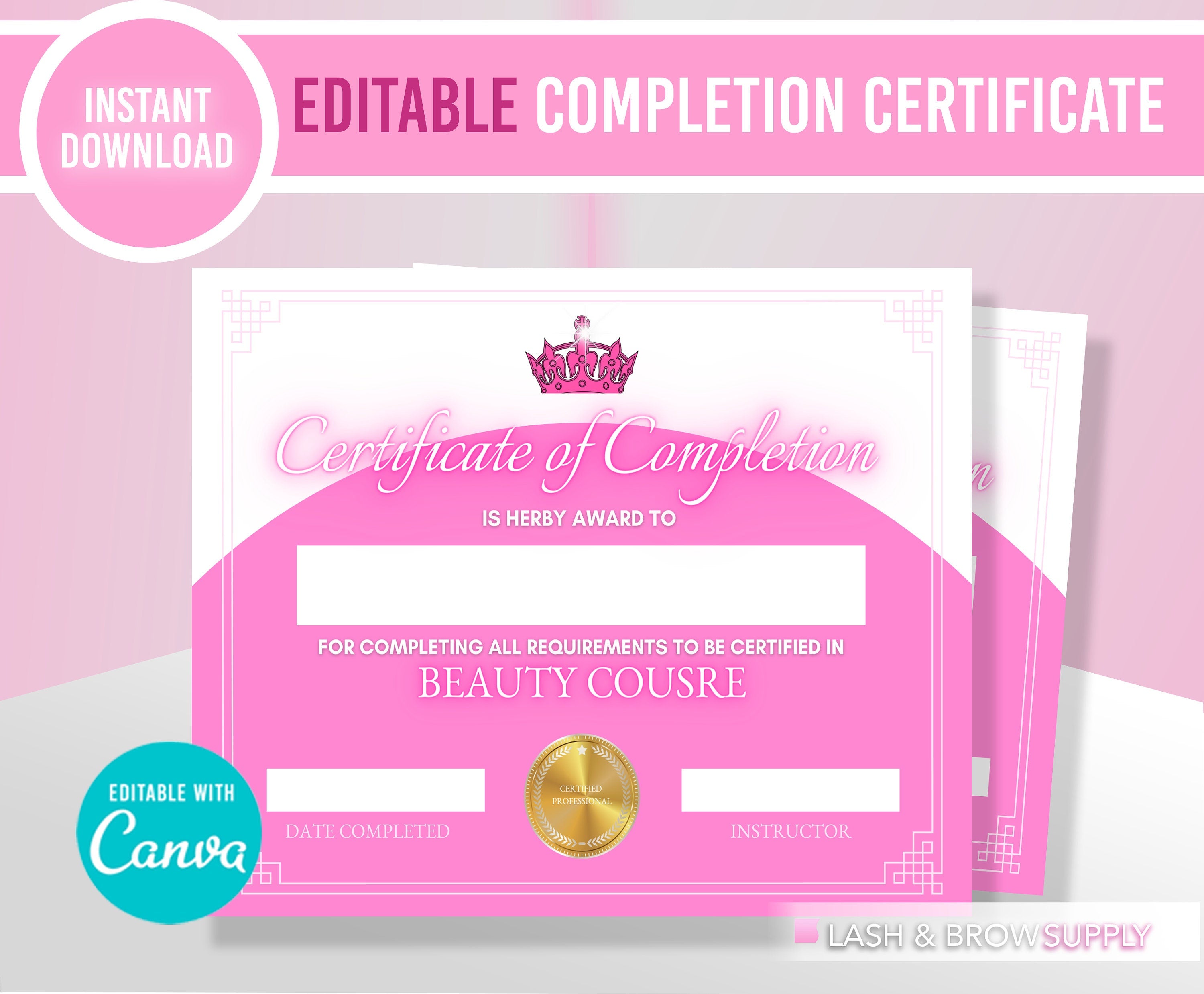 Certificate of Completion, Certificate, Eyelash extension certificate, editable certificate, pdf, eyelash extension, esthetician