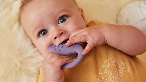 baby holding a b.box trio teether