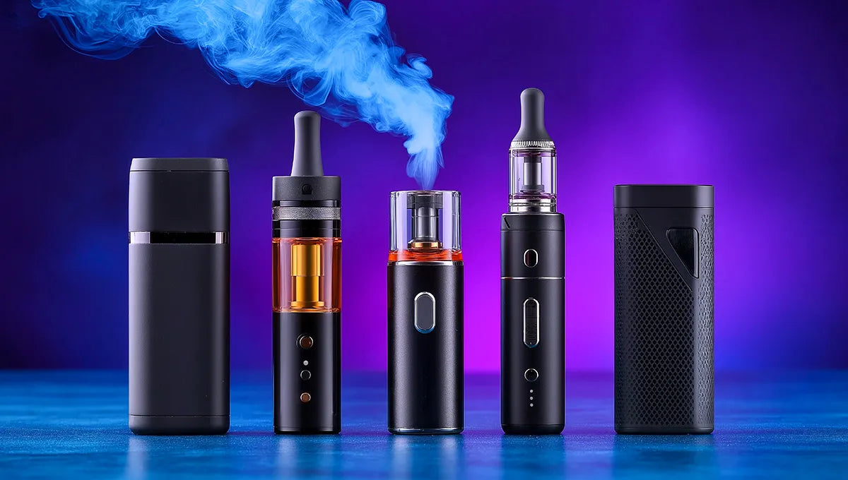 A lineup of reusable vape devices with refillable tanks and rechargeable batteries