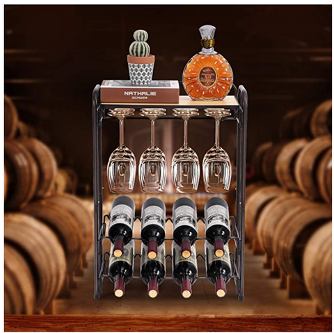 Freestanding Metal Wine Storage Shelf with Glasses Holder & Tabletop