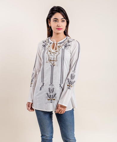 STYLIZED DESIGN EMBROIDERED LONG SLEEVE WHITE KURTA