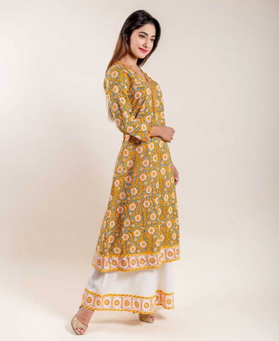 Shop Women Solid Mustard Cotton Long Kurti Work Wear Online at Best Price |  Cbazaar