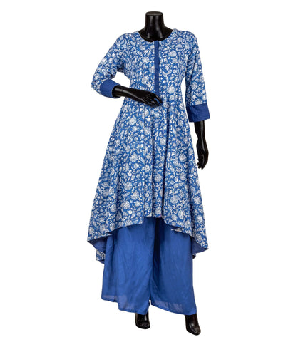 Blue Hand Block Printed High Low Indo Western Kurti