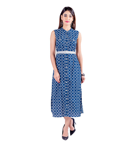 Blue White Button-Down Hand Block Print Sleeveless Dress