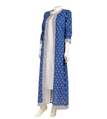 Blue Hand Block Printed Indo Western Dress with Long Jacket