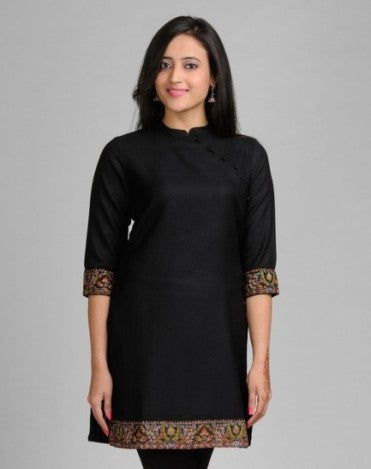 Embroidered and Solid Trimmed Black Kurti large