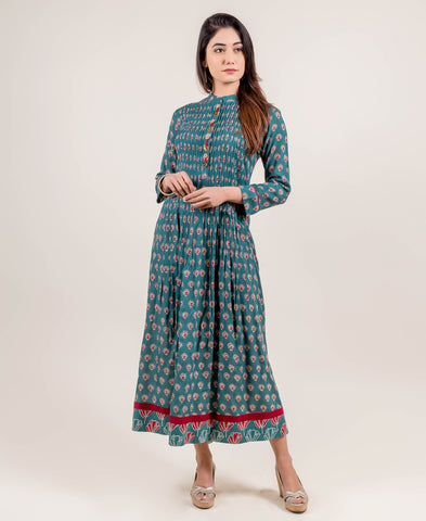 Hand Block Printed Long Teal Dress with Pleats