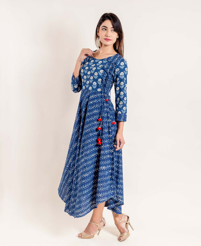 Indigo Angrakha Block Printed Indo Western Dress