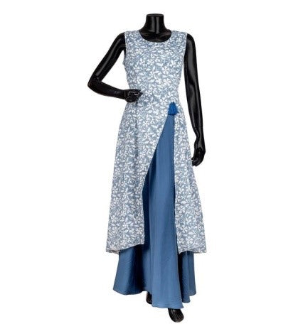 Indigo Blue and White Hand Block Printed Indo Western Dress