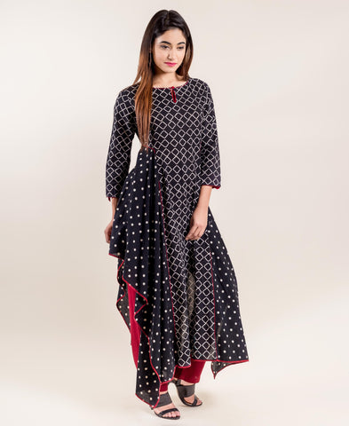 Twara rose red unique motifs printed 3/4th Sleeve straight cut cotton long  kurti