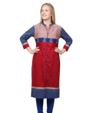 Maroon and Blue Block Printed kurta