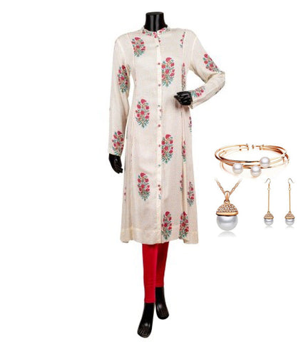 Off white hand block printed button down kurta