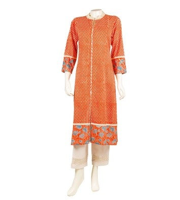 Orange Hand Block Printed Kurta