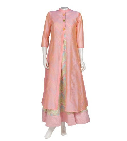 Peach Ikat Chanderi Double Layer Hand Block Print Indo Western Dress