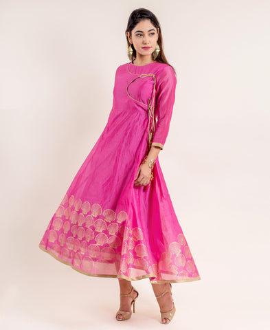 Pink Angrakha Style Chanderi Hand Block Printed Dress