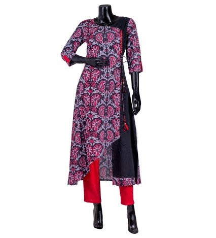 Pink / Black / Rust Angrakha Style Hand Block Print Indo Western Kurti