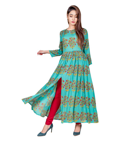 Sea Green Hand Block Printed Cape Kurta