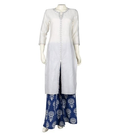 Split Neck Embroidered Chanderi Indo Western Dress With Printed Palazzo