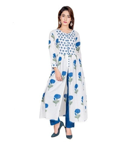 White and Blue Hand Block Printed Cape Kurta Online